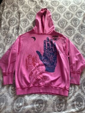 Urban Outfitters Pink Graphic Hooded Sweatshirt with Blue Palm Print